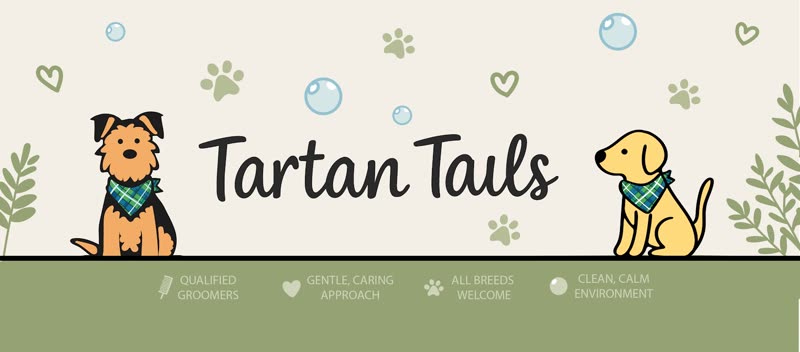 Tartan Tails Dog Grooming brand artwork, two dogs in bandanas on a cream background
