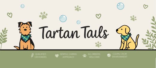 Illustrated dog in a tartan bandana from the Tartan Tails brand artwork